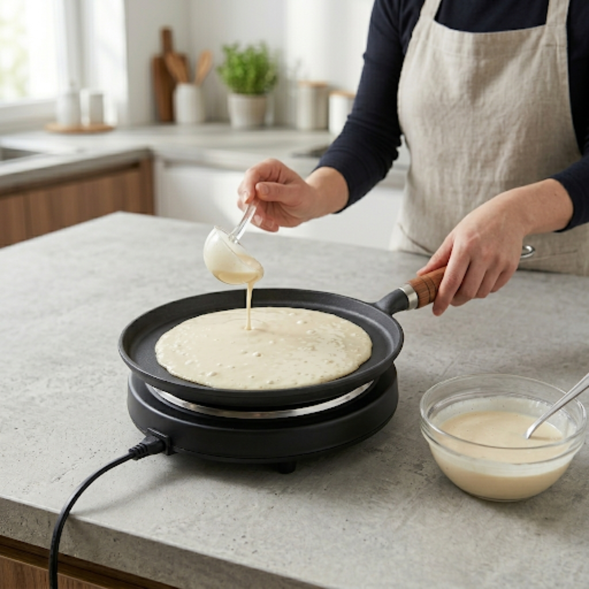 Préparation de pâte à crêpes dans une poêle à crêpes sur plaque induction dans une cuisine moderne.
