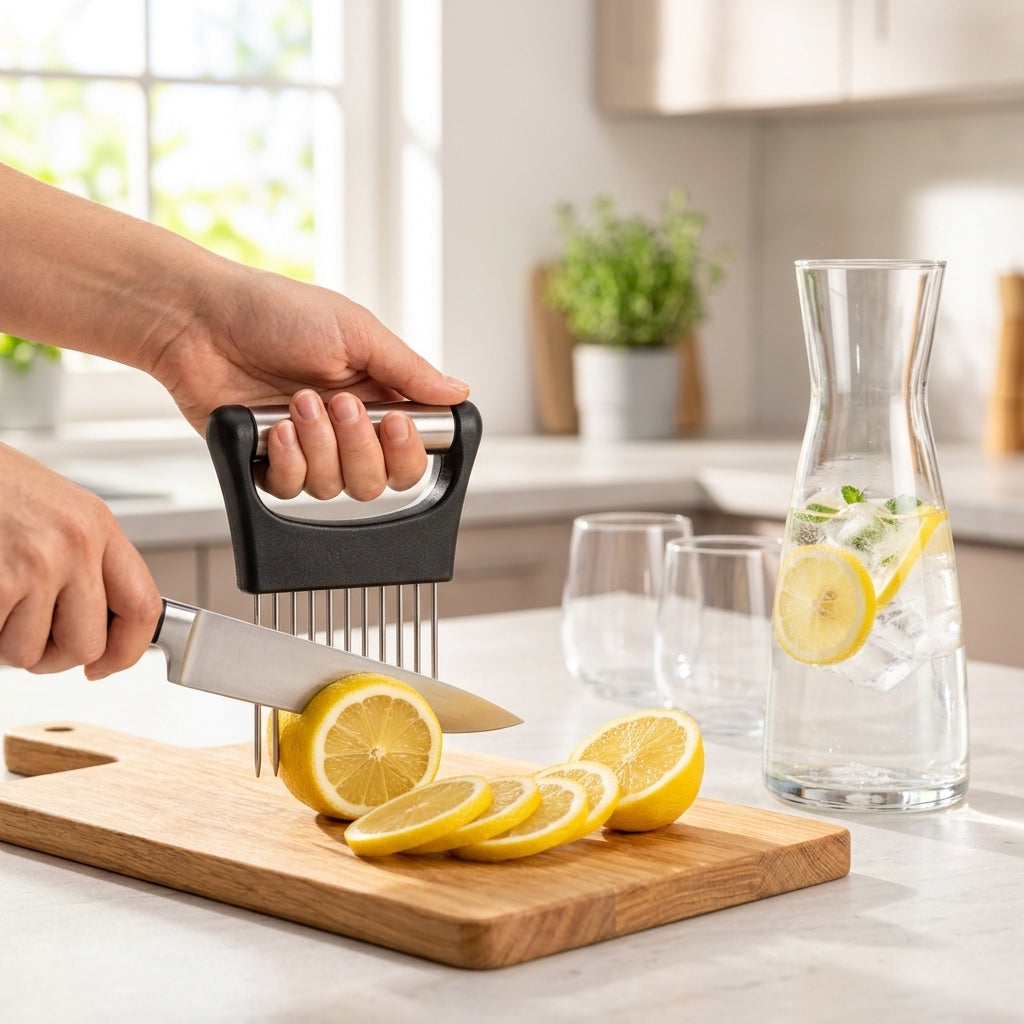 Guide de découpe RONDELINO™ utilisé pour couper un citron en rondelles, avec une carafe d’eau fraîche, glaçons et citron.
