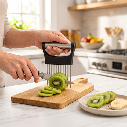 Guide de découpe RONDELINO™ utilisé pour couper un kiwi en rondelles, avec une assiette de kiwi et de banane prête à déguster