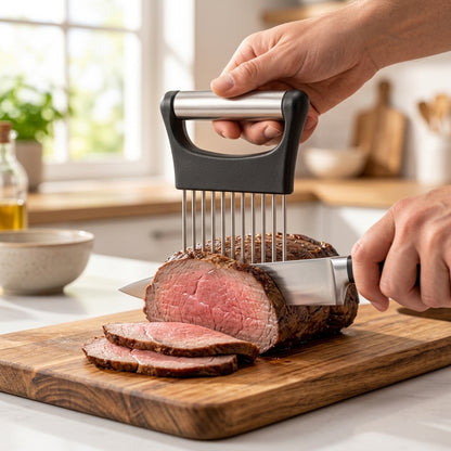 Guide de découpe RONDELINO™ maintenant un rôti de bœuf pendant la découpe de tranches régulières au couteau.