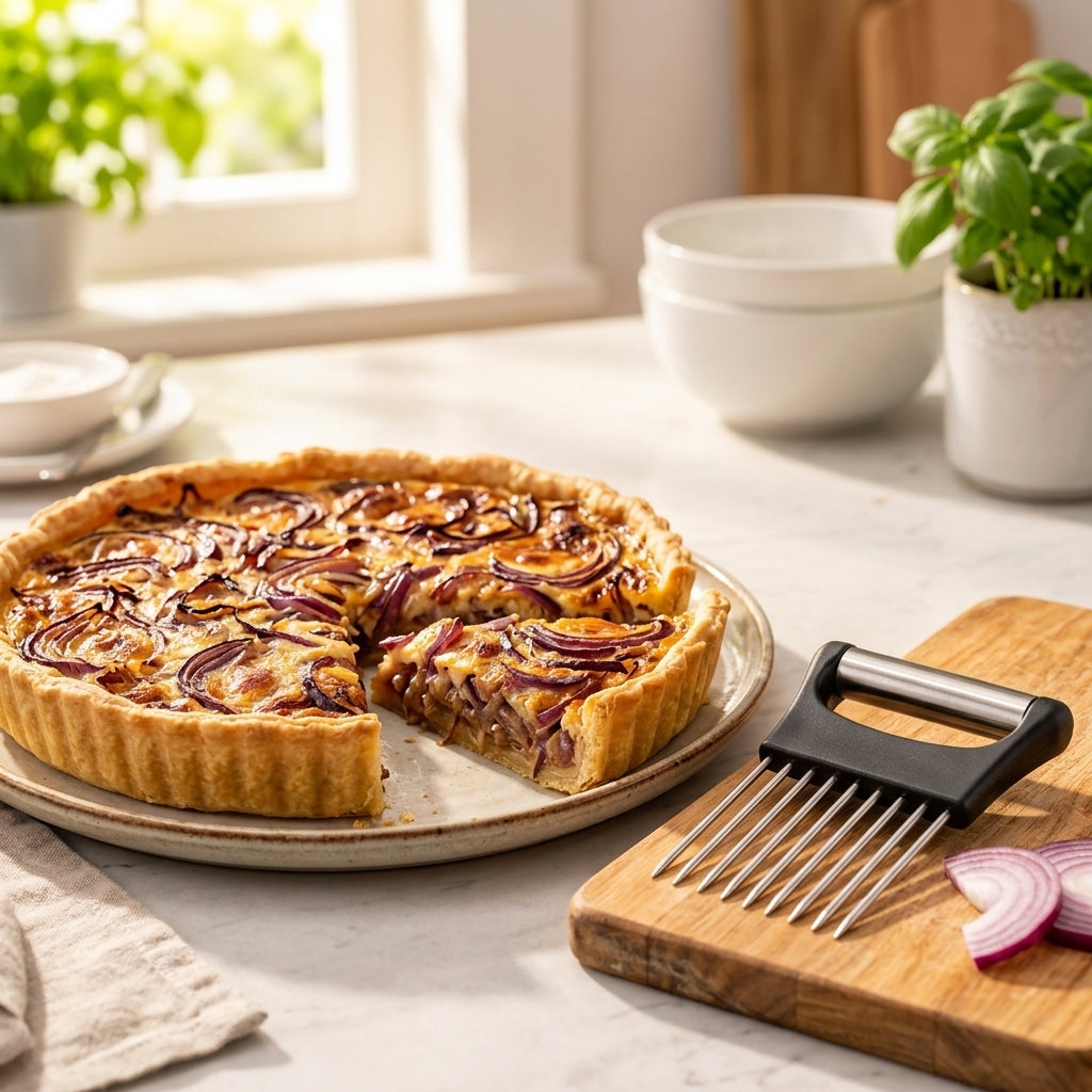 Guide de découpe RONDELINO™ posé près d’une tarte maison aux oignons rouges dorés, prête à être servie