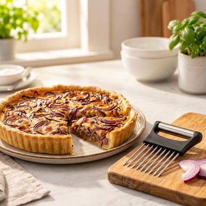 Guide de découpe RONDELINO™ posé près d’une tarte maison aux oignons rouges dorés, prête à être servie