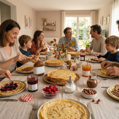 Moment chaleureux en famille autour d’une table remplie de crêpes maison, confitures et douceurs gourmandes