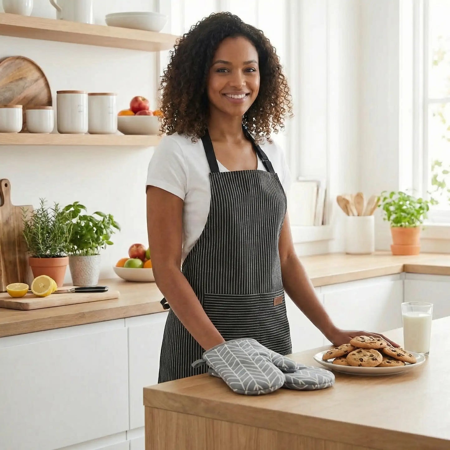 Une mère avec une paire de gant et un tablier dans la cuisine, sur la table il y a un plat avec des cookies et un verre de lait
