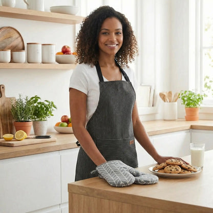 Une mère avec une paire de gant et un tablier dans la cuisine, sur la table il y a un plat avec des cookies et un verre de lait