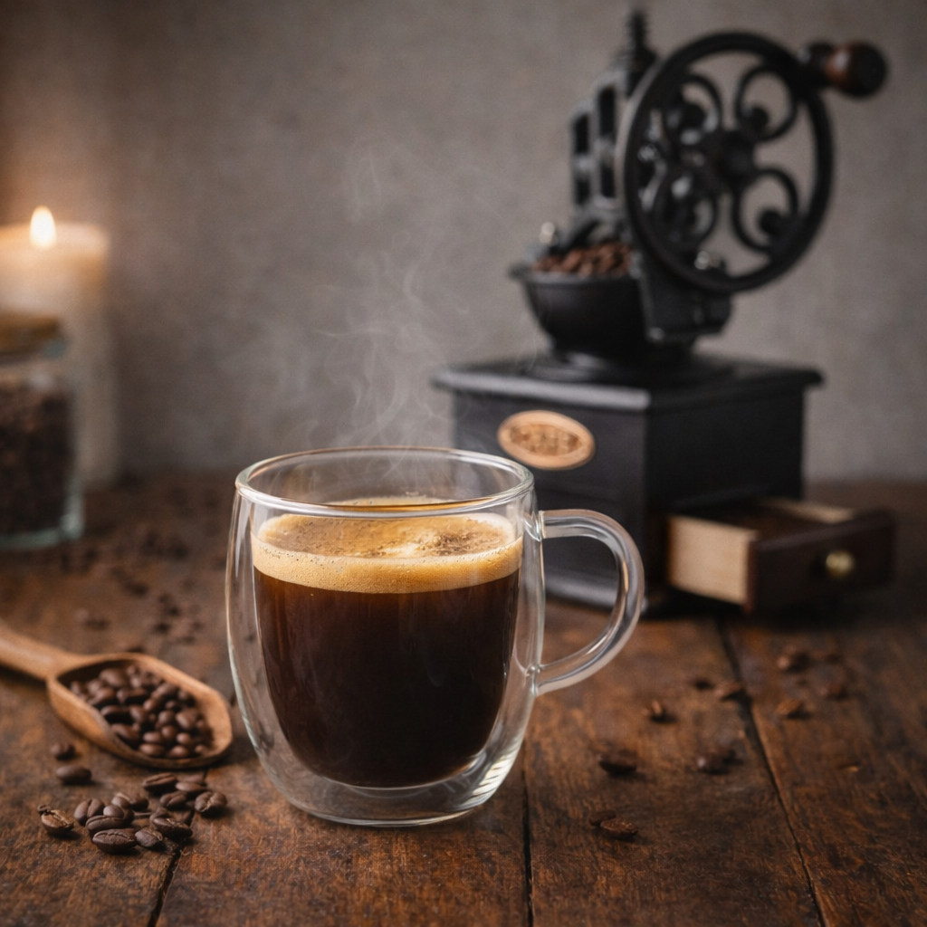 Tasse de café noir fumant au premier plan avec moulin à café manuel rétro en arrière-plan, résultat d’un café fraîchement moulu.